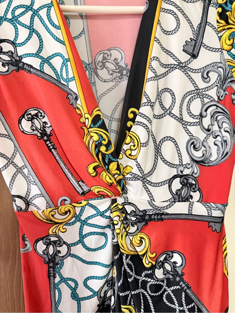 Knot-Front Midi Dress in Coral Key Print